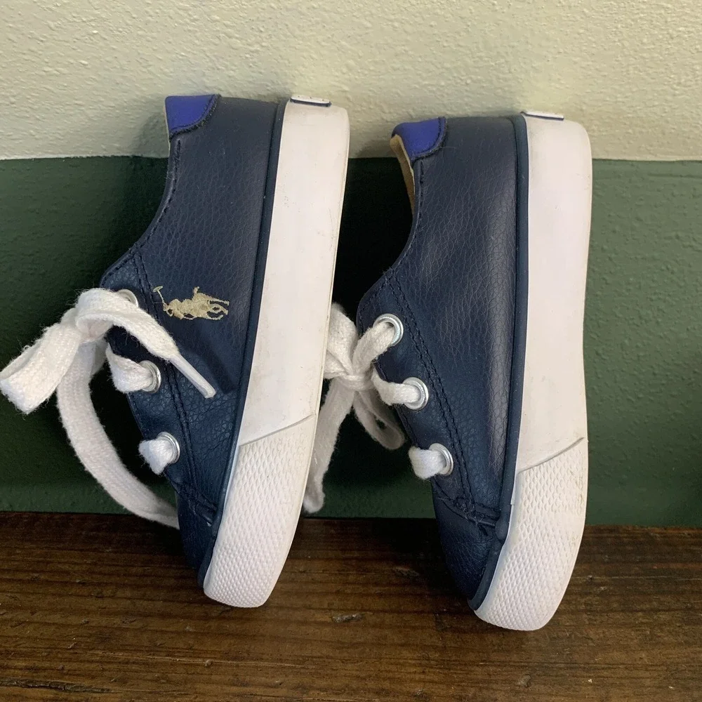 Polo Ralph Lauren Toddler Shoes US sz 5 Blue & White Pony Faux Leather Lace Up